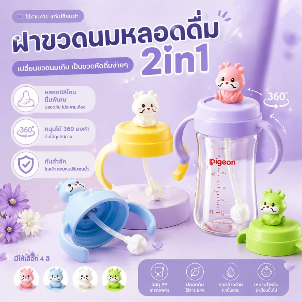 ฝาปิดขวดนมคอกว้างพร้อมหลอดดูด ใช้เปลี่ยนขวดนมให้เป็นแก้วหัดดื่ม บลายการ์ตูนปลอดภัย BPAFreeทนความร้อน รูปที่ 1