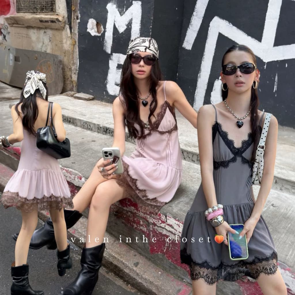 ส่งด่วน #26Q179 MMFISH เดรสสั้นสายเดี่ยว แต่งผ้าลูกไม้ ชายแต่งระบาย รูปที่ 1