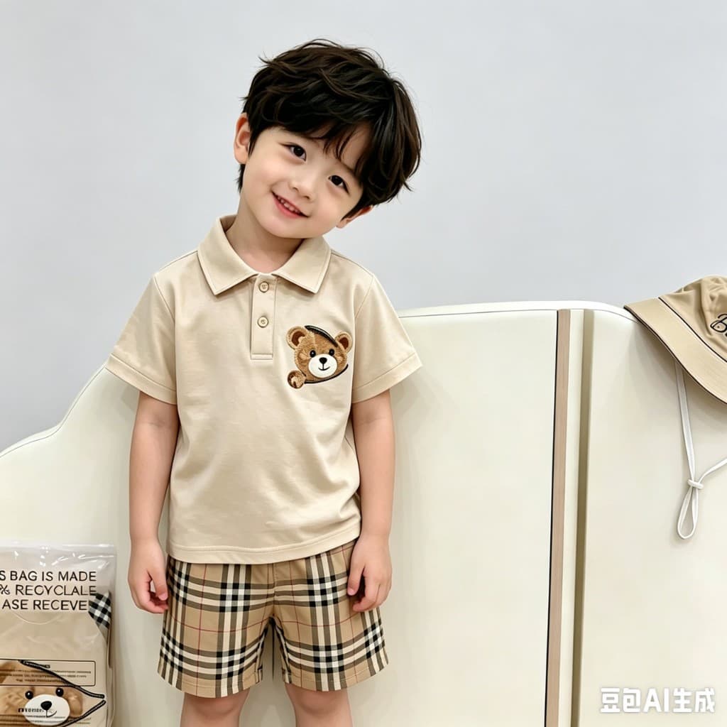 BB259 ชุดเซ็ตเด็ก ลายหมี Polo + กางเกงขาสั้นลายสก็อต ใส่เที่ยว/ออกงาน รูปที่ 8