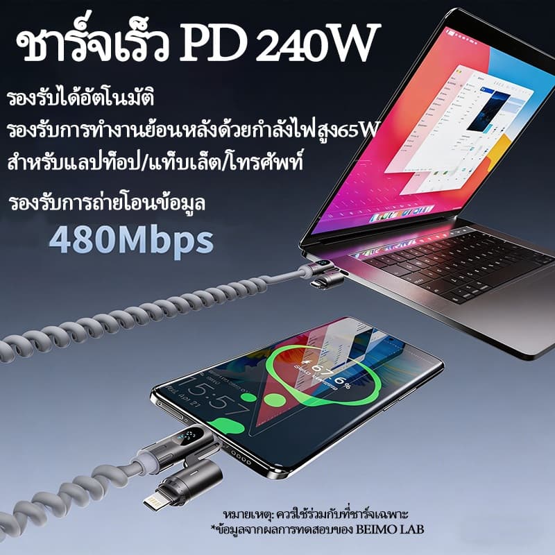 FlashFox สายชาร์จ 4in1 240W มีกลิ่นหอม สายสปริง 2 เมตร ชาร์จเร็วแรง ครบจบในเส้นเดียว รูปที่ 5