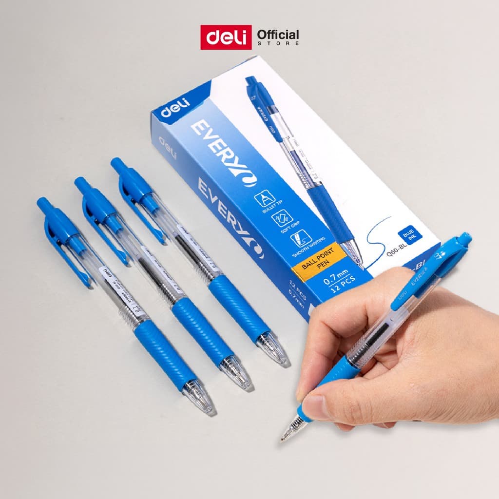 ปากกาลูกลื่นแบบกด Deli รุ่น EQ60/EQ80 ขนาดเส้น 0.7 หมึกน้ำเงิน มีที่จับ รูปที่ 1