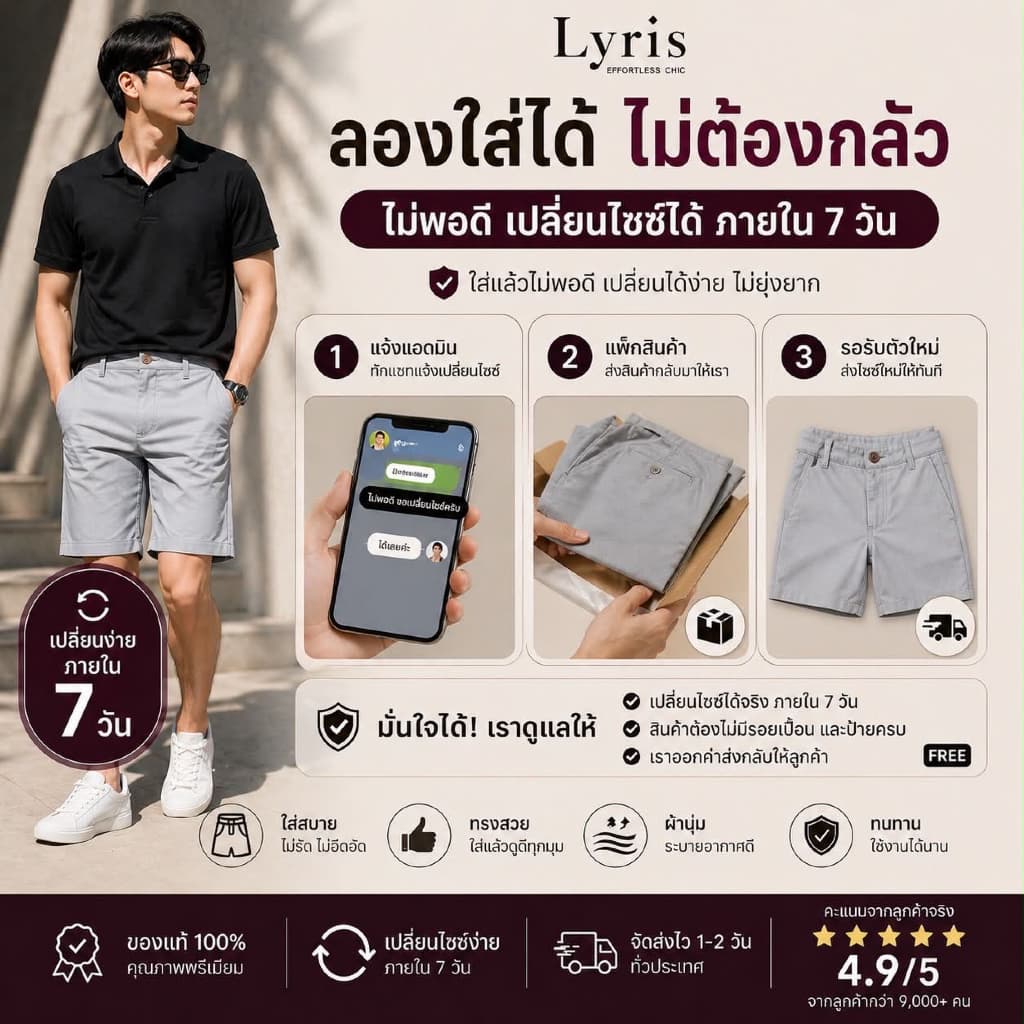 Lyris กางเกงขาสั้นผู้ชาย สีเทา 17 นิ้ว Classic Fit ใส่แล้วดูดีขึ้นทันที ไม่รัด ใส่สบาย ทุกลุค รูปที่ 5