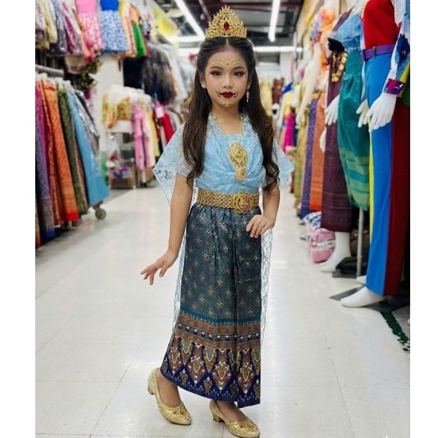 ชุดไทยนางยักษ์เด็ก ชุดนางผีเสื้อสมุทร ชุดวันภาษาไทย ชุดตัวละครในวรรณคดี(ได้ผ้าถุง+เสื้อเกาะอก+สใบ+เข็มขัด+เข็มกลัด) รูปที่ 4