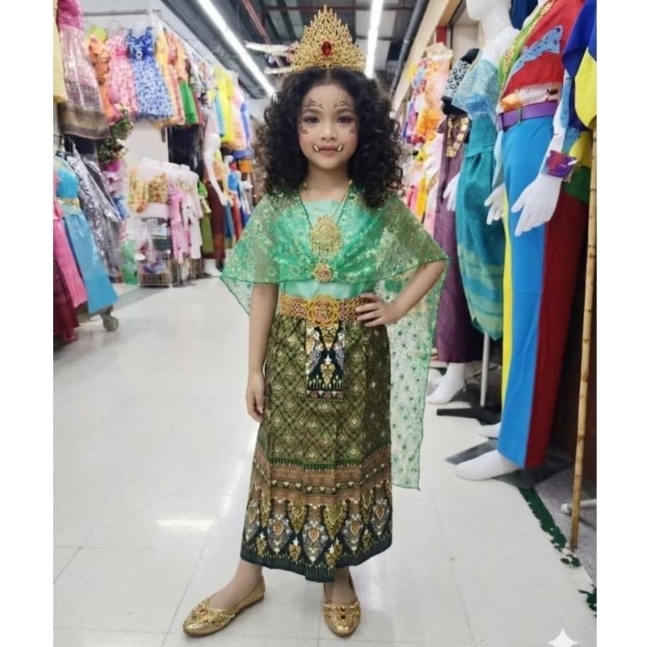 ชุดไทยนางยักษ์เด็ก ชุดนางผีเสื้อสมุทร ชุดวันภาษาไทย ชุดตัวละครในวรรณคดี(ได้ผ้าถุง+เสื้อเกาะอก+สใบ+เข็มขัด+เข็มกลัด) รูปที่ 6