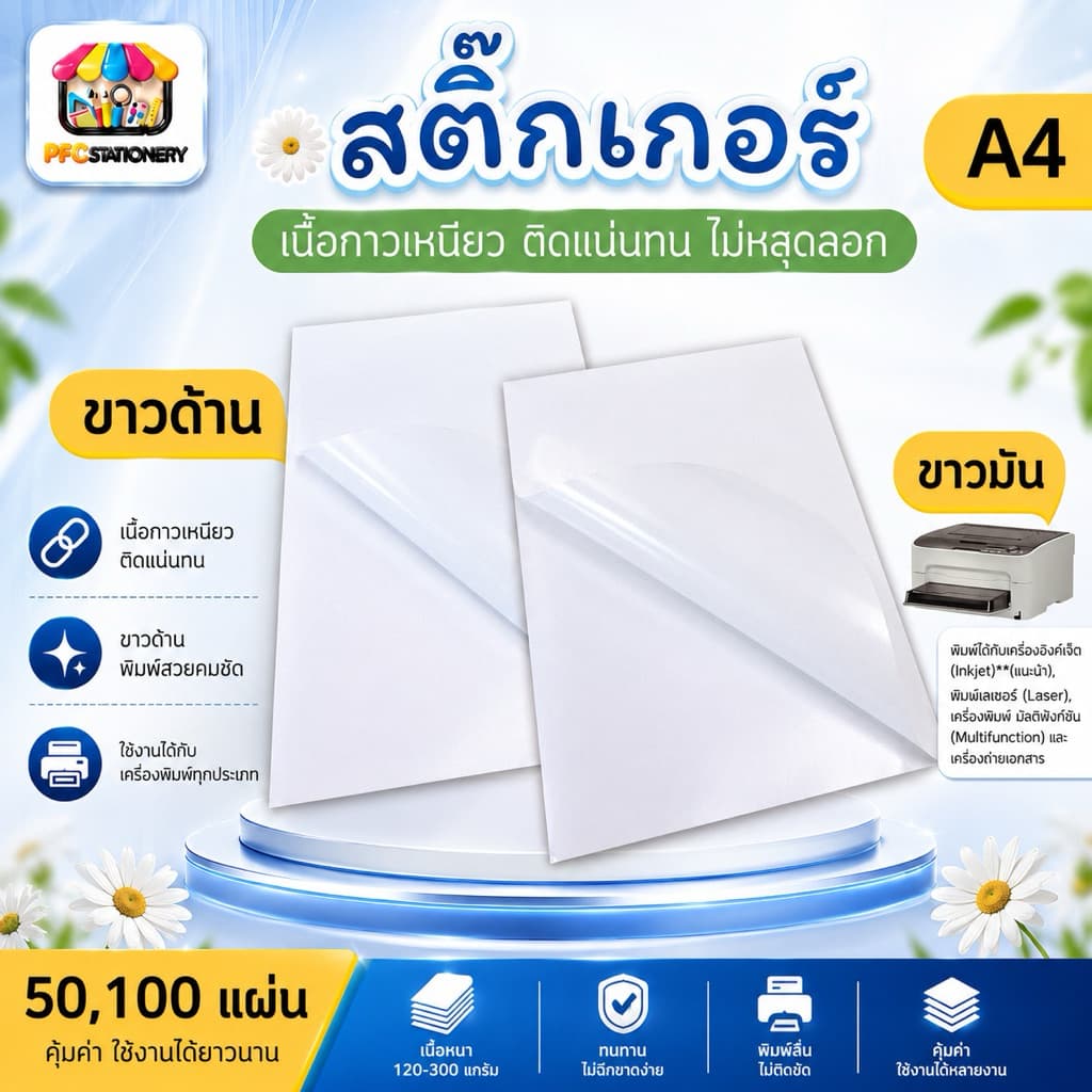 สติ๊กเกอร์ A4 ขาวมัน ขาวด้าน สำหรับเครื่องปริ้น Laser สติ๊กเกอร์กระดาษ รูปที่ 2