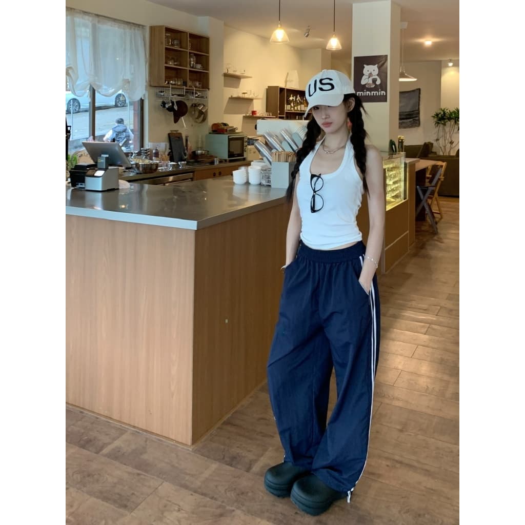 cherryshop กางเกงวอร์มขายาวทรงกว้างสไตล์เรโทรอเมริกันสำหรับผู้หญิง ดีไซน์แถบด้านข้าง ลำลองหลวมๆ cargo pants รูปที่ 6