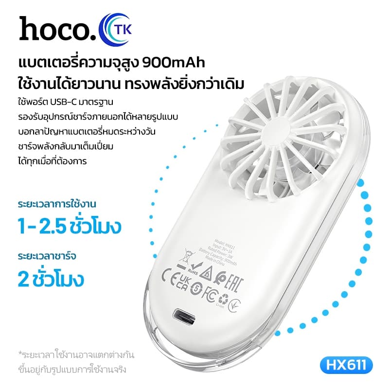 HOCO พัดลมพกพา MINI ความเร็วรอบสูงถึง 12000RPM ปรับแรงลมได้ 3 ระดับ เสียงเบา น้ำหนักเบา พกพาสะดวก HX611 รูปที่ 2