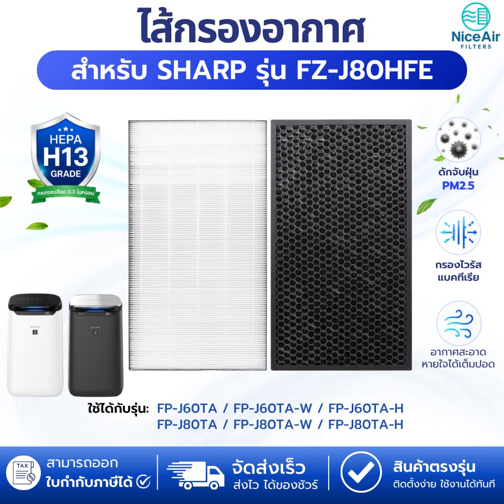 แผ่นกรองอากาศ Sharp FZ-J80HFE สำหรับ เครื่องฟอกอากาศ รุ่น FP-J60TA, FP-J80TA ฟิลเตอร์ ไส้กรองชาร์ป รูปที่ 1