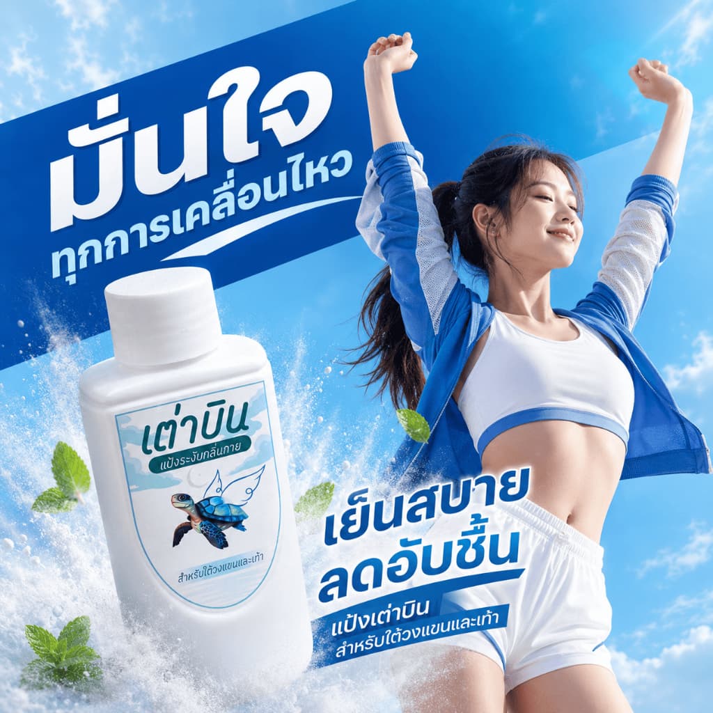 แป้งเต่าบิน Sport | เท้า+รักแร้ไม่เหม็น ลดกลิ่นอับ ลดแบคทีเรีย เย็นสดชื่น มั่นใจทุกกิจกรรม 20 กรัม รูปที่ 4