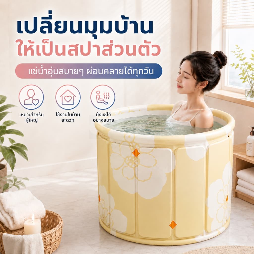 YIJIA อ่างอาบน้ำพับได้ 70x70x65 ซม. สำหรับผู้ใหญ่ อ่างแช่น้ำสปาในบ้าน พกพาง่าย ประหยัดพื้นที่ แข็งแรงปลอดภัย รูปที่ 8