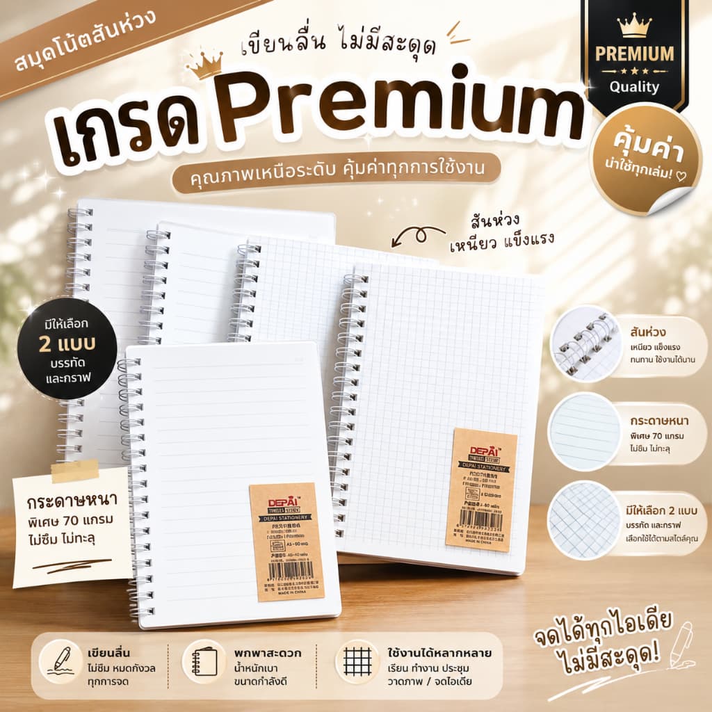 DEPAI สมุดโน้ตเกรด Premium สมุดสันห่วง กระดาษหนา 80 แกรม สมุดปกใส 3 ขนาด กระดาษ 3 แบบ รูปที่ 2
