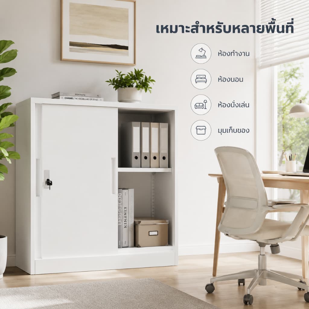 ตู้เก็บของโลหะสีขาว ประตูสไลด์ มีล็อค สูง 90 ซม. ตู้ไฟล์ ตู้เอกสาร ตู้ลิ้นชัก รูปที่ 1