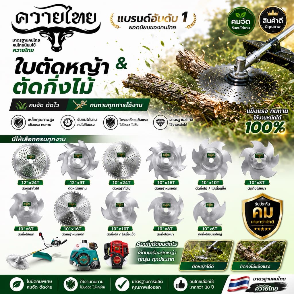 ใบตัดหญ้า ใบตัดวงเดือน ตราควายไทย หนา 2 มิล ขนาด10-12นิ้ว เหล็กหนา คมพิเศษ แข็งแรงตัดสบาย รูปที่ 1