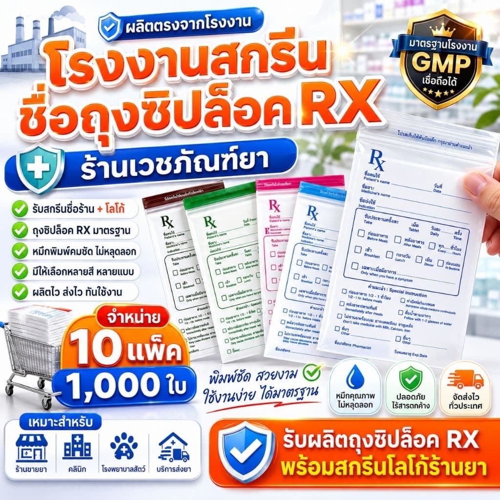 จำหน่าย ซองRx 10 แพค1000 ใบ และผลิตสกรีน/ชื่อร้าน Rx ซองซิปRx ซอง RX ซองยา มาตรฐาน GPP รูปที่ 1