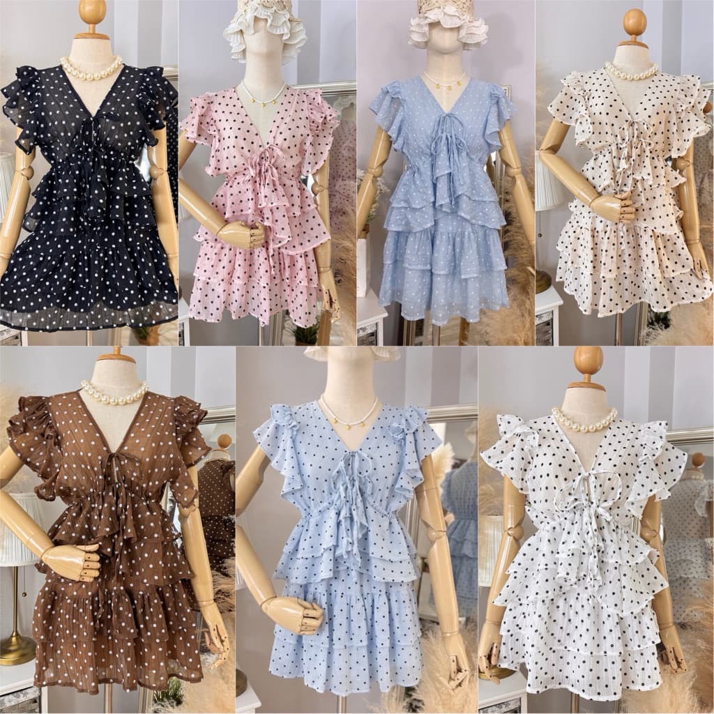 ชุดเซ็ตกระโปรง เสื้อคอวีผูกโบว์หน้า รูดเอว รูปที่ 1