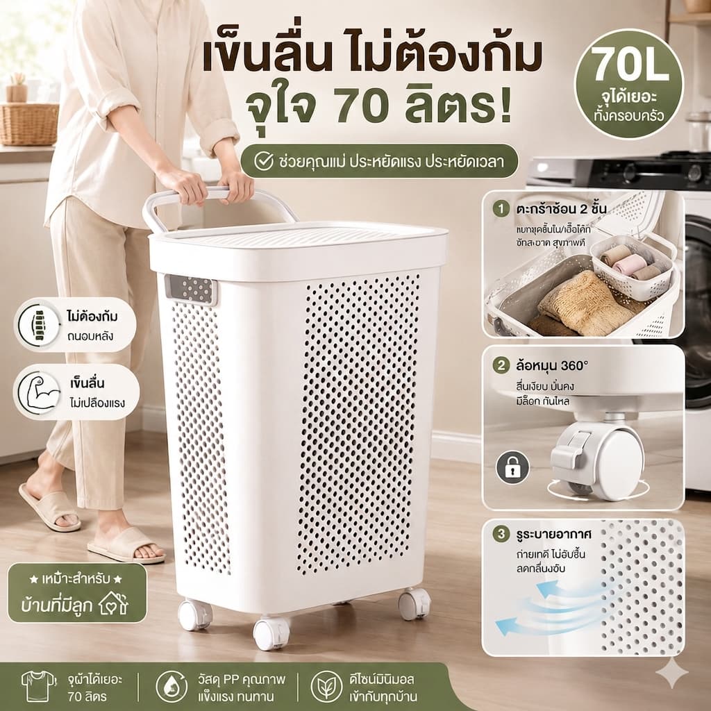 ⭐ตระกร้าผ้า ตะกร้าใส่ผ้า ตะกร้าจัดเก็บเสื้อผ้า ขนาดใหญ่ 45/60L มีฝาปิด สีขาว สีเทา กันน้ำ ข้น รูปที่ 1