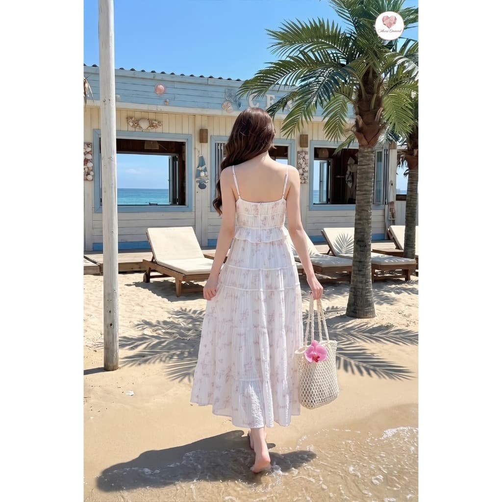สีขาวชมพู Good Vibes Dress เดรสยาวสายเดี่ยว เข็มกลัดดอกไม้ ผ้าคอตตอนเนื้อนิ่มพิมพ์ลาย สายปรับระดับได้ รูปที่ 6