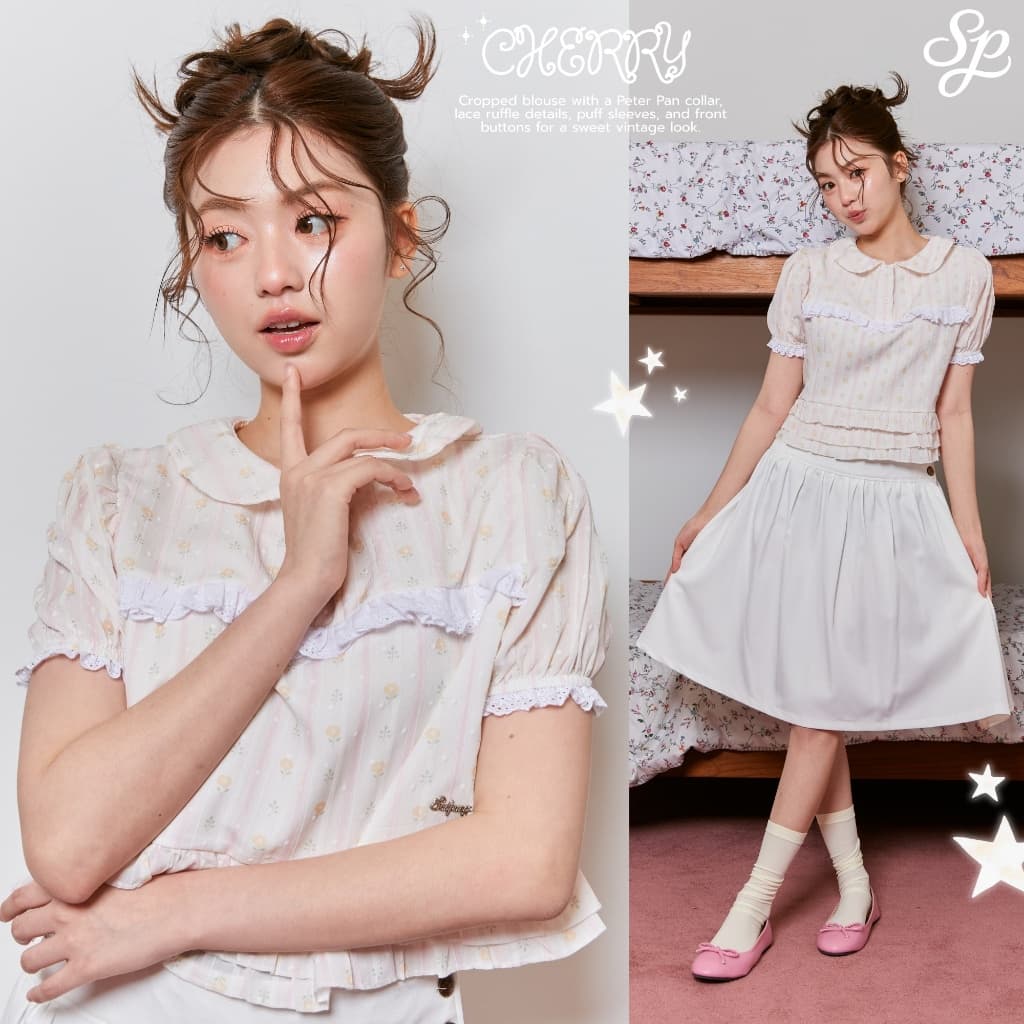 Cherry Crop_SP137 เสื้อครอปคอบัวแต่งระบาย กระดุม 3 เม็ด ลูกไม้หน้า โลโก้เหล็กSudpung รูปที่ 5