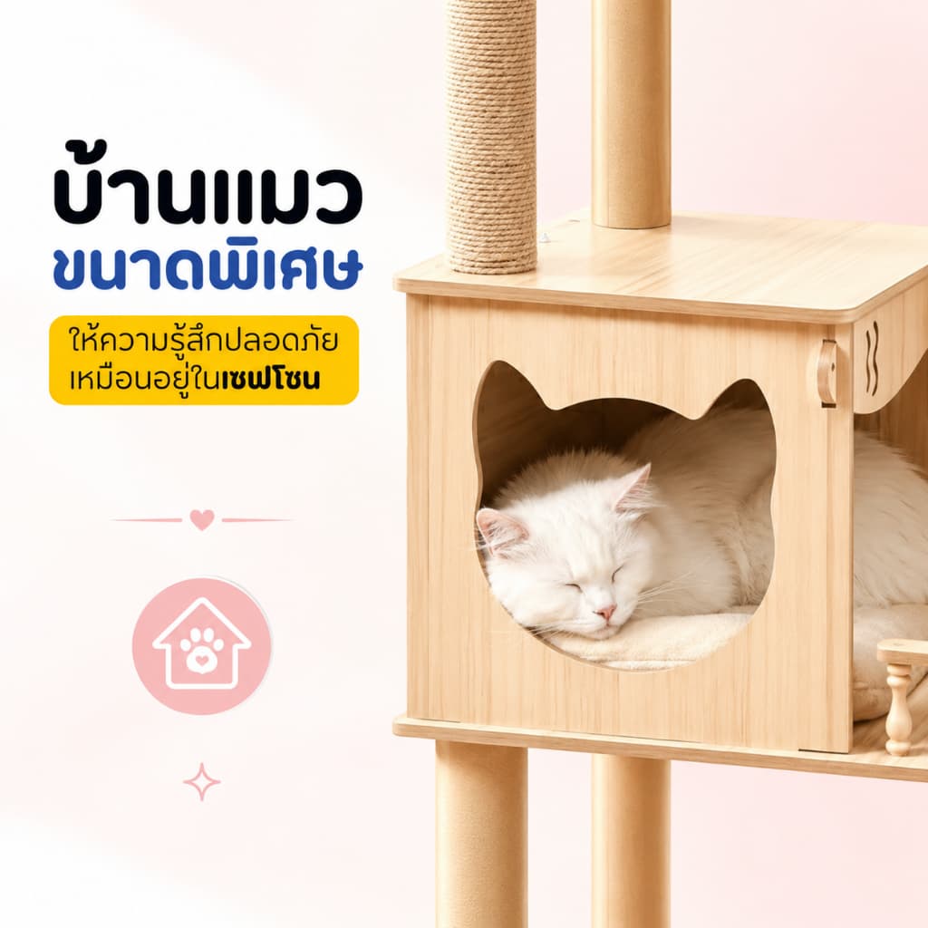 คอนโดแมวไม้ สไตล์มินิมอล สูง 150cmพร้อมหลุมอวกาศใส เปลญวนนุ่ม และบ้านแมวหลังใหญ่ แข็งแรง ทนทาน ไม่ล้มง่าย รูปที่ 3