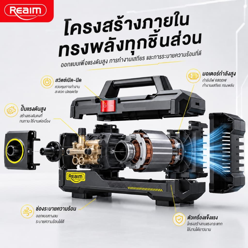 REAIM เครื่องฉีดน้ำแรงดันสูง 200 บาร์ รดน้ำ ล้างรถ เครื่องฉีดน้ำ6800 วัตต์ พร้อมอุปกรณ์ครบชุด รูปที่ 6