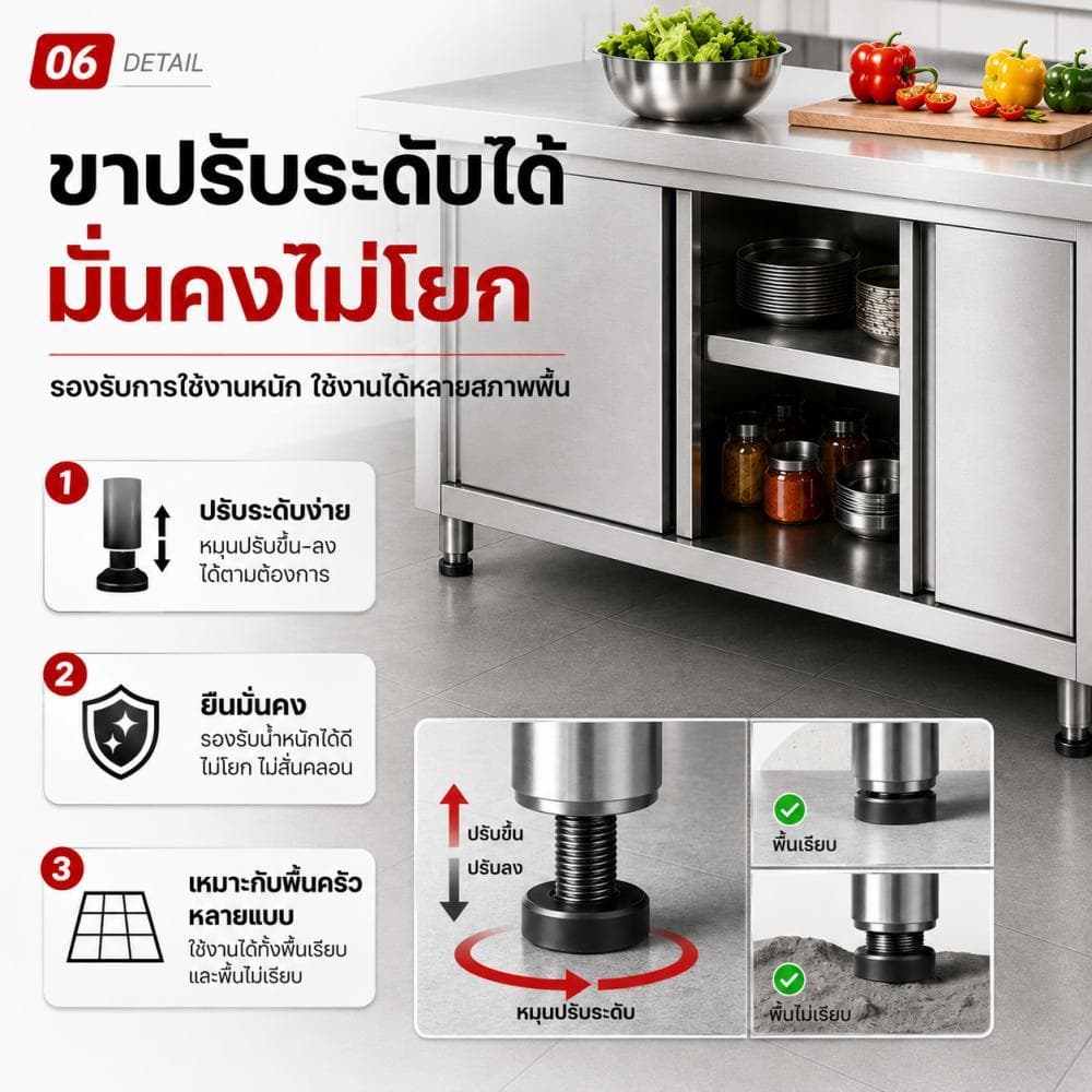 ชั้นวางของ ตู้สแตนเลส ชั้นวางจาน โต๊ะวางของในครัว โต๊ะสแตนเล ปรับความสูงได้ รับน้ำหนักได้500KG รูปที่ 7