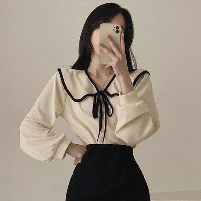 เสื้อเชิ้ตแขนยาวคอปกผูกโบว์น่ารัก Chiffon dolly top relaxed ดีไซน์โบว์ สไตล์เกาหลีญี่ปุ่น รูปที่ 7