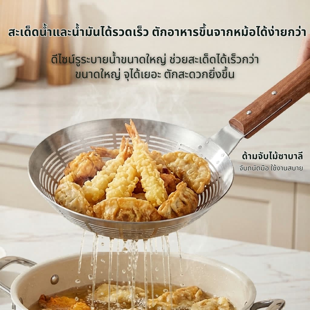 กระชอนสแตนเลสตักของทอด ด้ามไม้ แบบหนาทนทาน กระชอนกรองอาหาร มี22cm-24cm-26cm-28cm-30cm-32cm PT4 รูปที่ 4