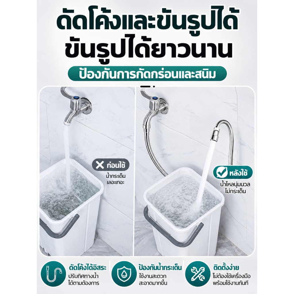 ส่งตรงจากกรุงเทพฯ Hardware Tools MALL ท่อต่อก๊อกน้ำยืดหยุ่น 30-50ซม. หมุนได้ 360° สแตนเลส304 ก๊อกครัว ห้องน้ำ กันกระเซ็น รูปที่ 2