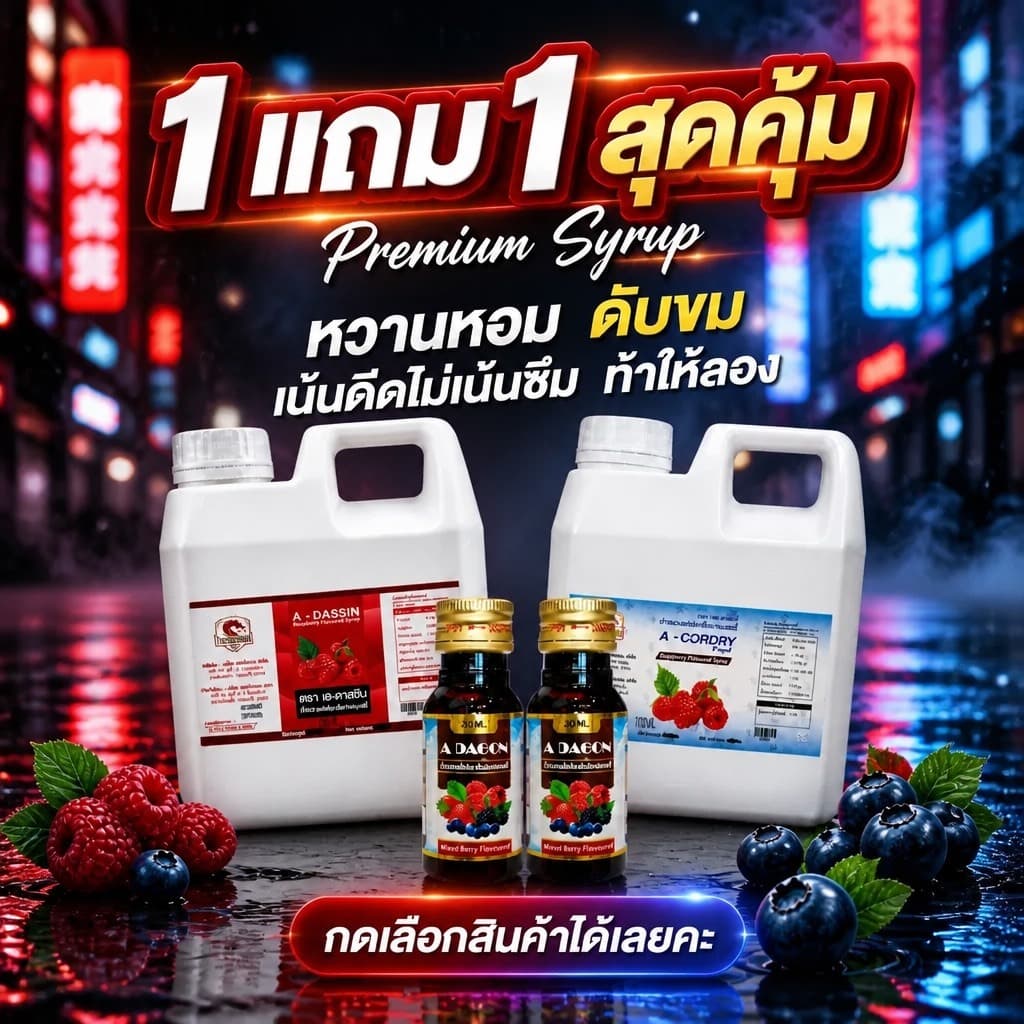 สุดคุ้ม 1 แถม 1 น้ำหวานเข้มกลิ่นราสเบอรี่ ขนาด 1000ML รูปที่ 1