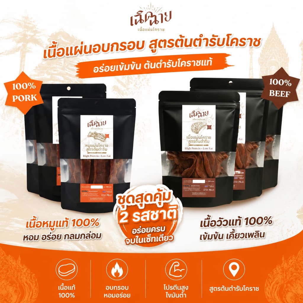 Combo set หมูและเนื้อแผ่นโคราช อบพร้อมทาน ของกินเล่น โปรตีนสูง ของฝาก รูปที่ 3