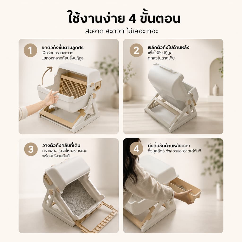 กระบะทรายแมวกึ่งอัตโนมัติ ขนาดใหญ่ ไม่ต้องตัก ยก-พลิก-วาง เก็บอึง่าย กันทรายกระเด็น ลดกลิ่น รองรับ 7kg รูปที่ 8