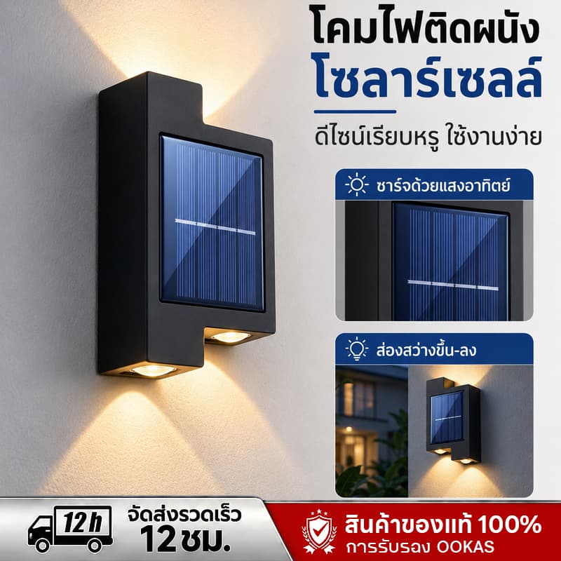 OOKAS ไฟโซล่าเซลล์ LED ไฟติดผนัง กันน้ำ IP67 เปิดเองเมื่อมืด ติดตั้งง่าย ไม่มีค่าไฟ แสงเหลืองอบอุ่น รูปที่ 1