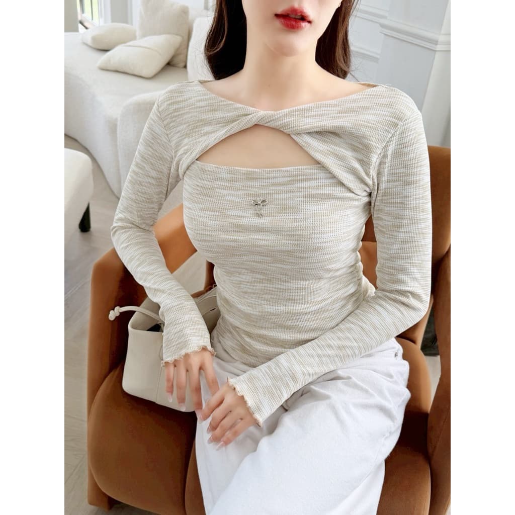 NO.635 Mimi Top เสื้อยืดแขนยาวผ้าลายดีไซน์คอทวิส รูปที่ 6