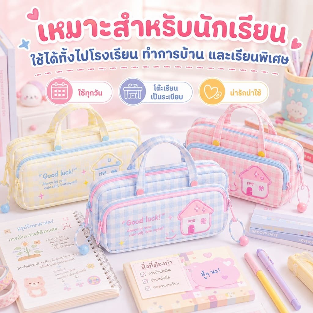 KiKi กระเป๋าดินสอ 2 ชั้น 2 ซิป ลายตารางน่ารัก จุเยอะ มีหูหิ้ว กระเป๋าเครื่องเขียน กล่องดินสอนักเรียน รูปที่ 2