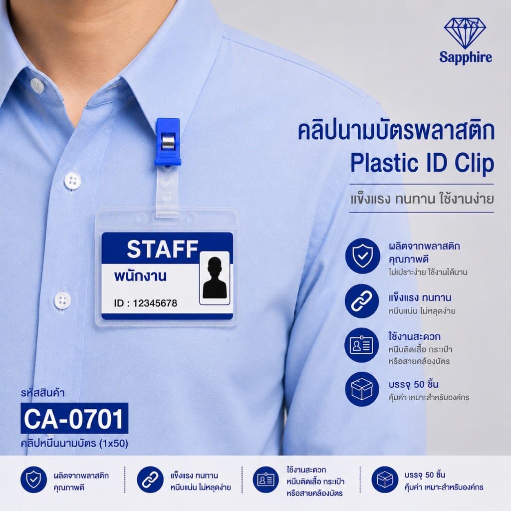 CA0107 คลิปหนีบบัตร พลาสติก คลิปติดบัตร คลิปนามบัตร พลาสติก กระป๋องละ 50 อัน สีสันสดใส รูปที่ 4