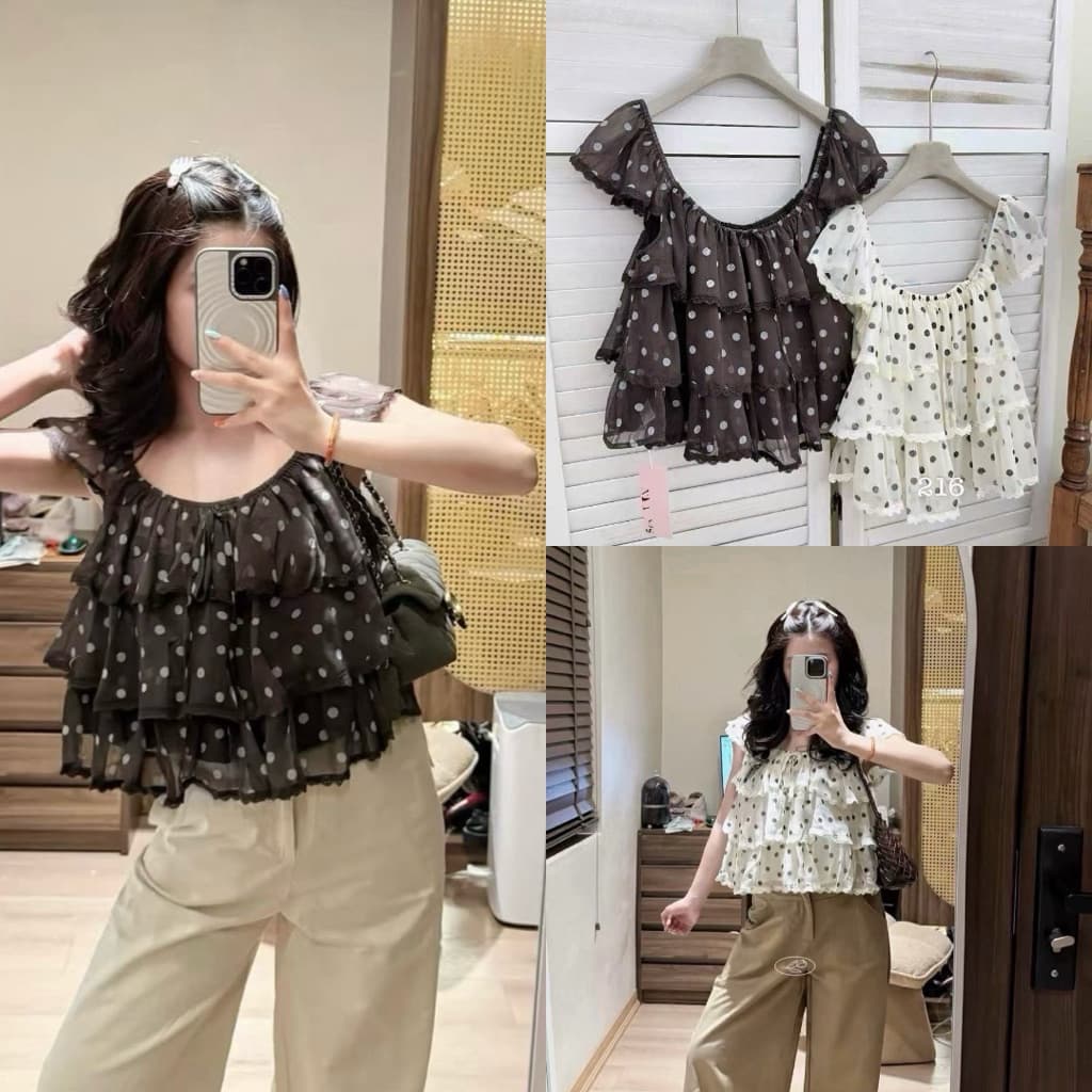 เสื้อชีฟองเกาหลี เแต่งระบายชั้นๆชายลูกไม้ รูปที่ 1