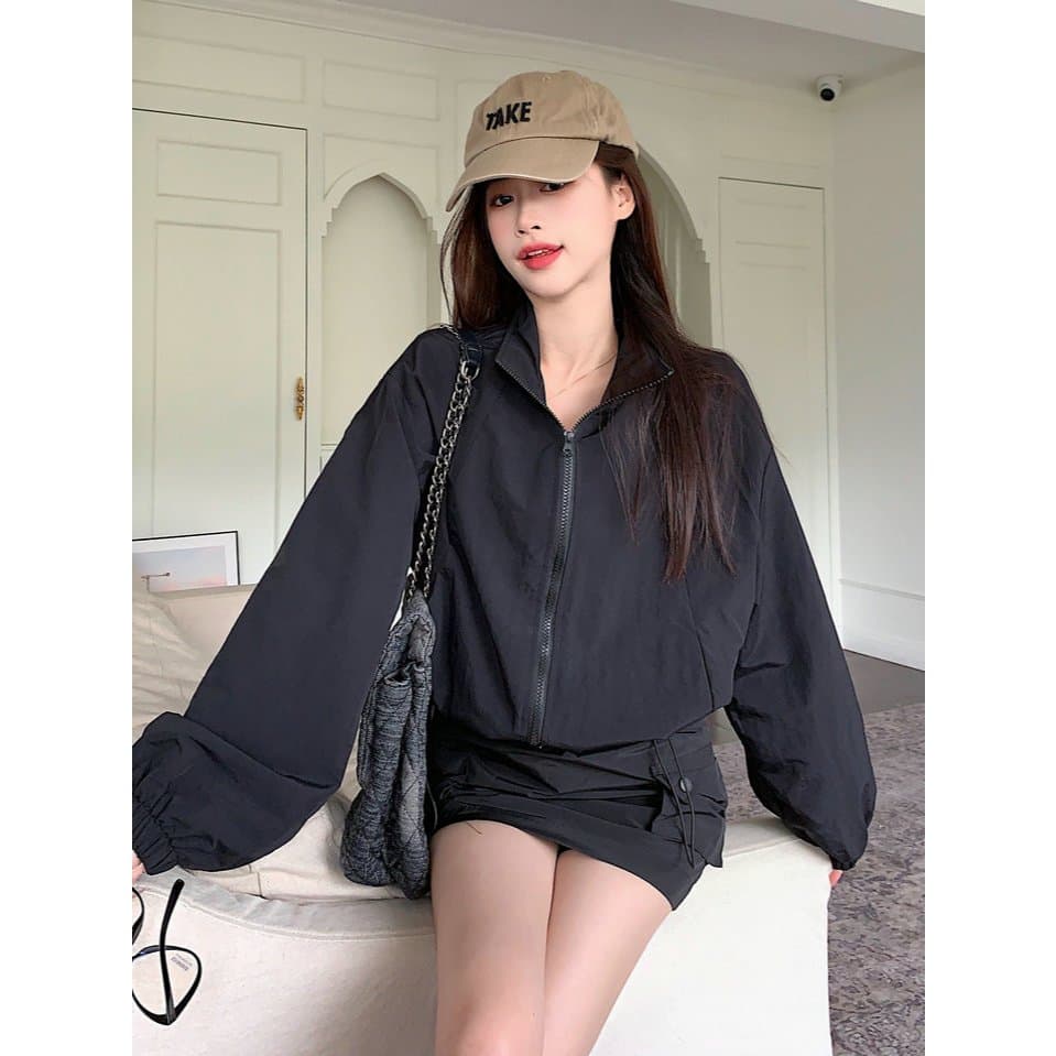 Hotgirl เสื้อคลุมแขนยาวผู้หญิง เสื้อคลุมสั้นผู้หญิง ซิป ดีไซน์เชือกผูก สไตล์เกาหลีเรียบง่าย หลวมและสบาย รูปที่ 6