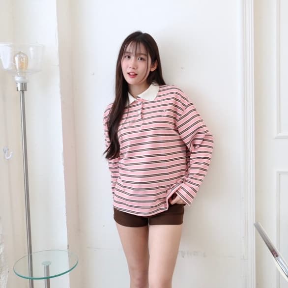 JARINYA เสื้อเชิ้ตคอปกแขนยาวลายทาง Unisex ทรง Oversize เนื้อผ้าคุณภาพเกรดดี ใส่สบาย ปักอะไหล่ โลโก้ รูปที่ 4