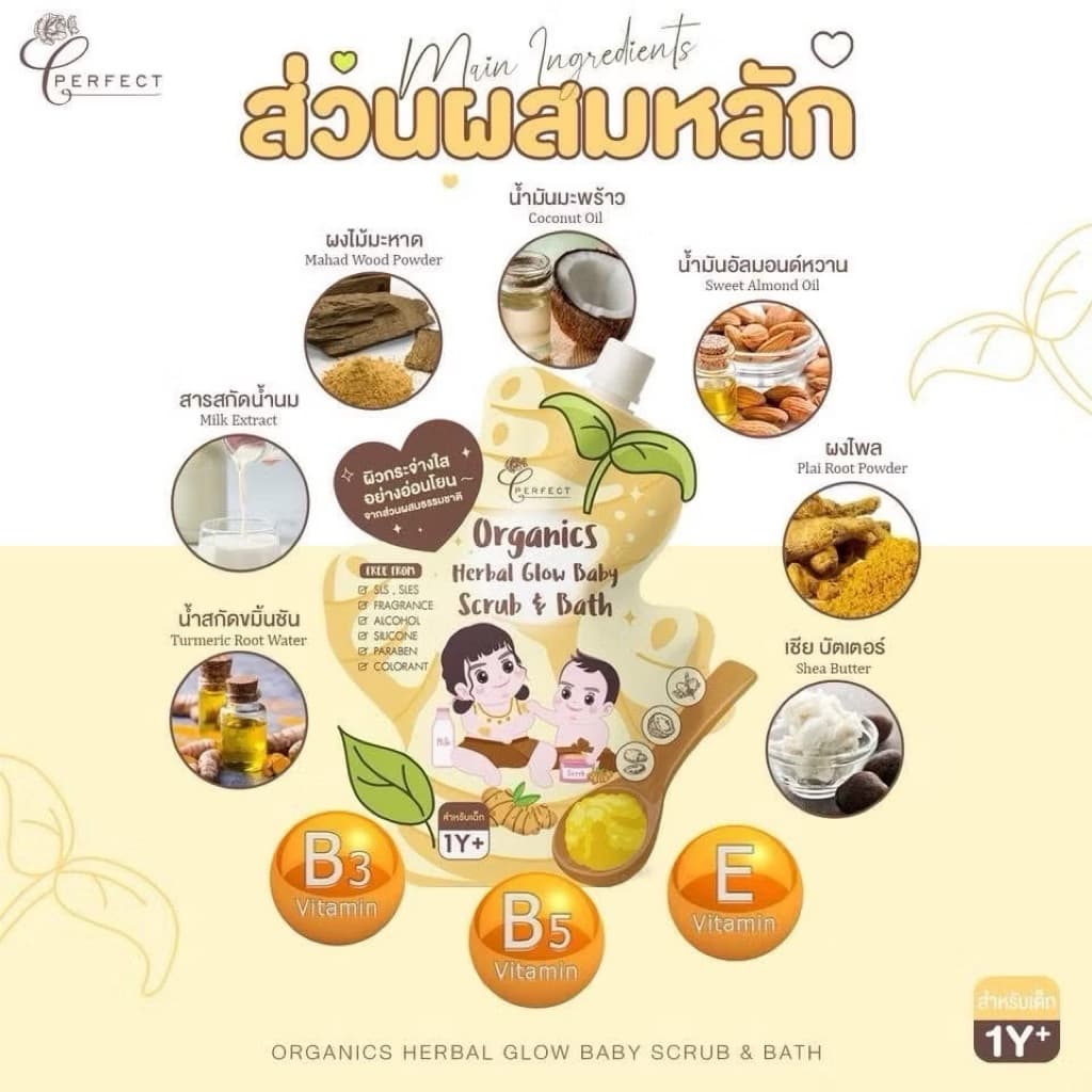 Perfect สครับผิวเด็ก ปรับผิวขาวใส ลดจุดด่างดำ คล้ำเสีย ไหม้แดด ออร์แกนิก สูตรเข้มข้น รูปที่ 2