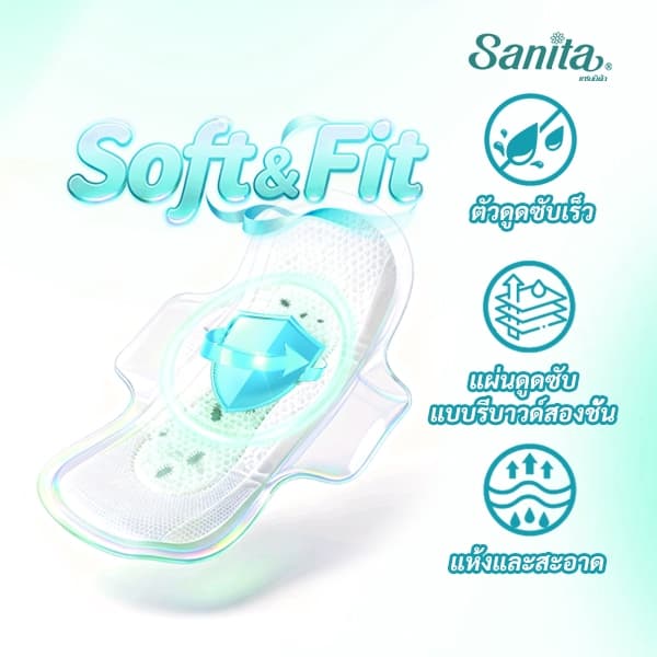 Sanita Soft & Fit Slim Wing 24.5cm 10's ผ้าอนามัยผู้หญิง ผิวสัมผัสนุ่ม สลิมมีปีก รูปที่ 4