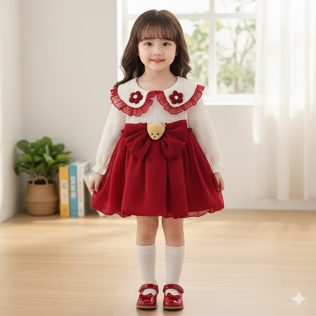 Babyonline A4 ชุดเดรสกระโปรงแฟชั่นทรงบอลลูนแต่งหัวหมีสุดน่ารักผ้าไหมแก้ว นุ่มลื่น ซับในผ้าฝ้าย รูปที่ 4