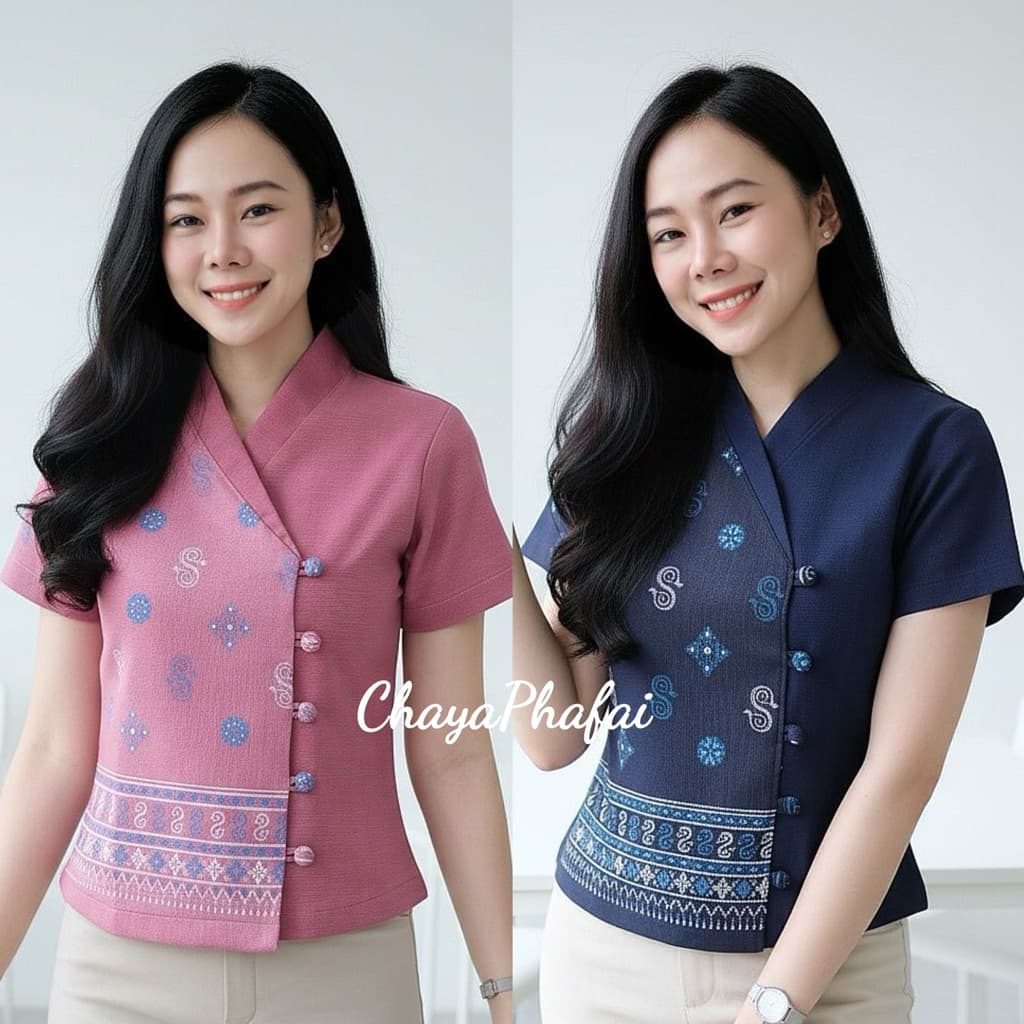 เสื้อผ้าฝ้ายอัดกาวป้ายข้างแขนสั้น ลายดอกรักราชกัญญา รูปที่ 1