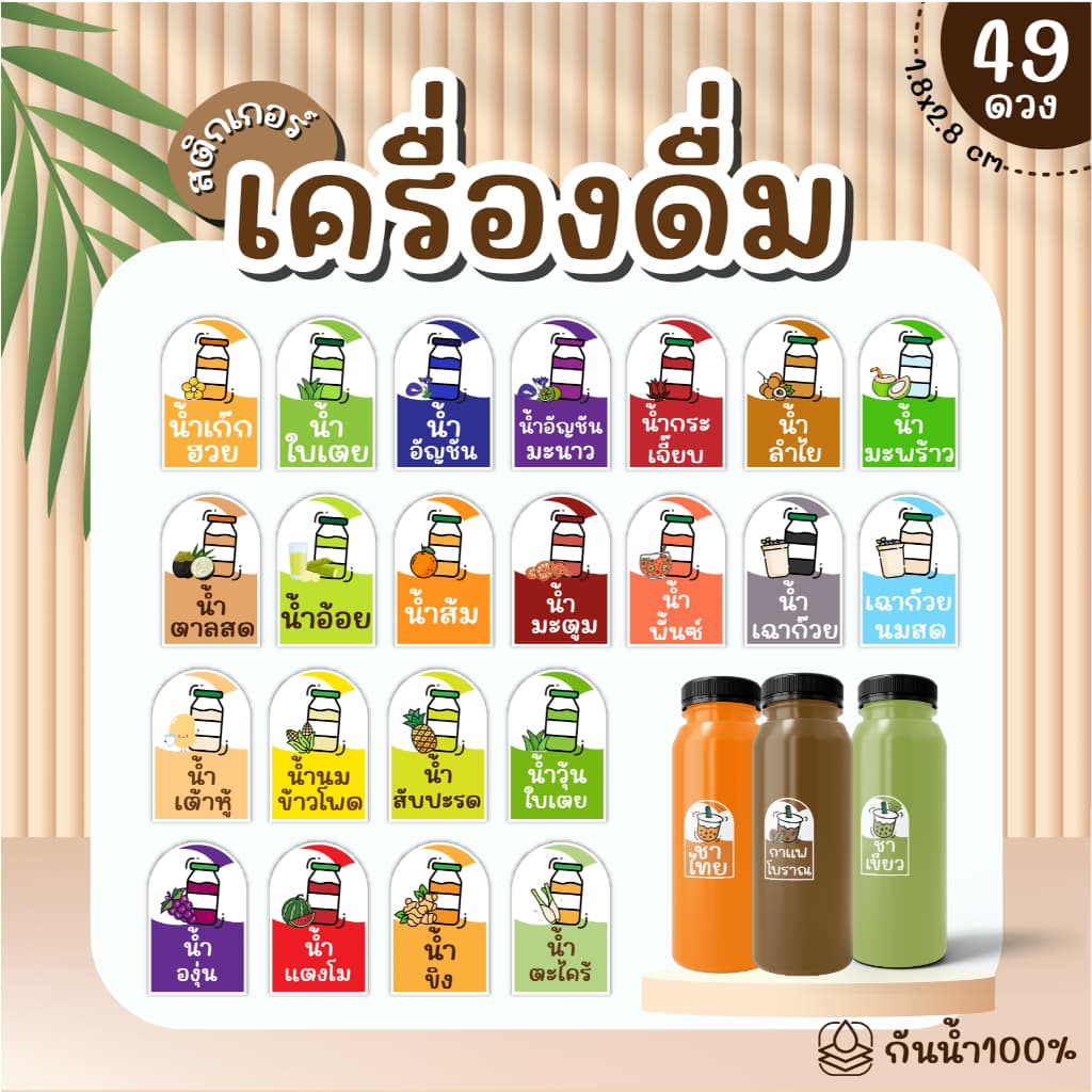 Sticker สติ๊กเกอร์เครื่องดื่ม PP กันน้ำ 100% ได้ 49 ดวง กาแฟ ชานม ชาเขียว ชาไทย ใบเตย ลำไย รูปที่ 2