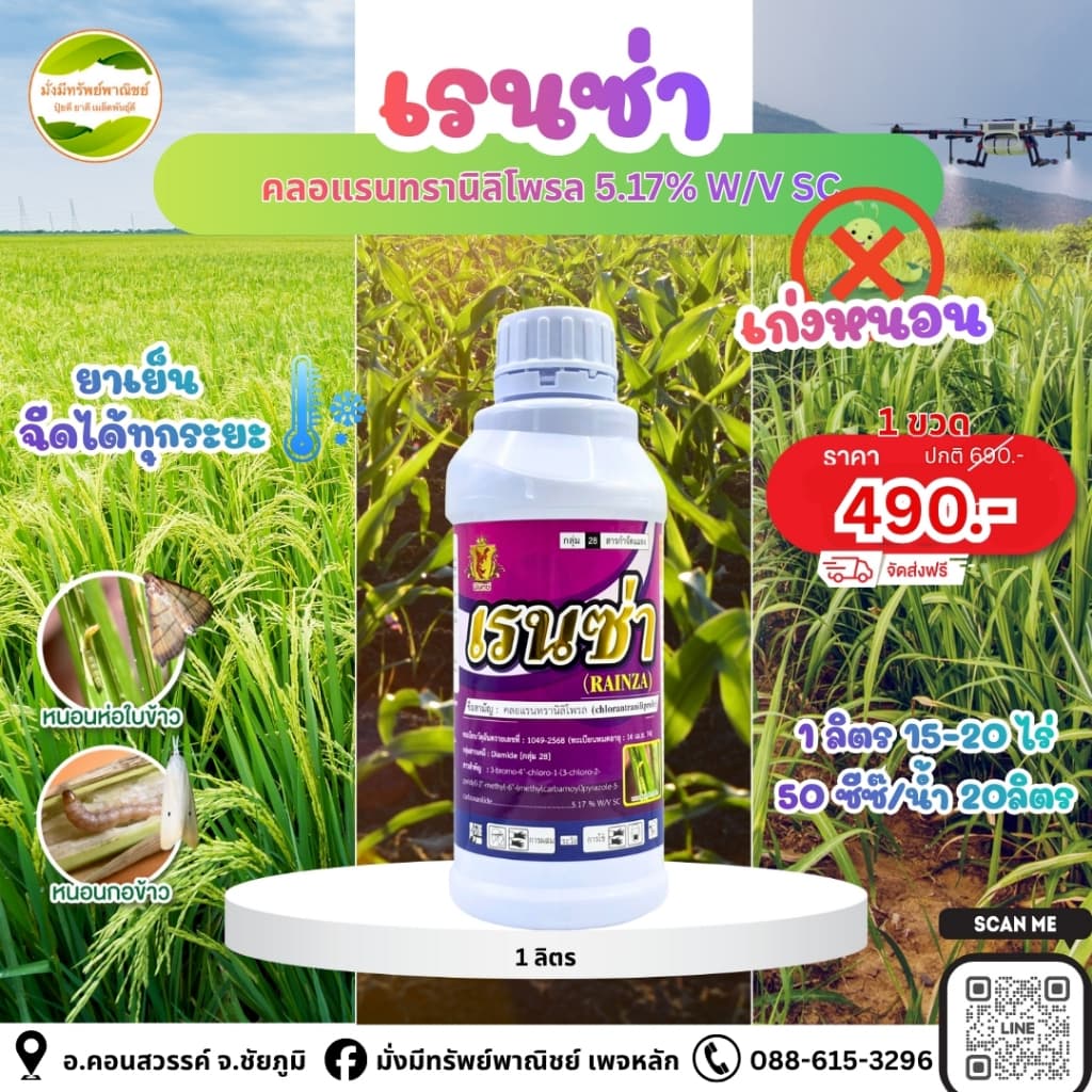 เรนซ่า ขนาด 1 ลิตร เก่งหนอนกอทุกชนิด หนอนกินใบ หนอนเจาะคอรวง หนอนดื้อสาร 1 ขวด 15-20ไร่ รูปที่ 1