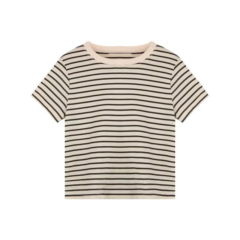 ในไทย** เสื้อยืดแขนสั้นคอกลมสีครีม ผ้าร่อง แขนสั้นลายทาง Y294 รูปที่ 8