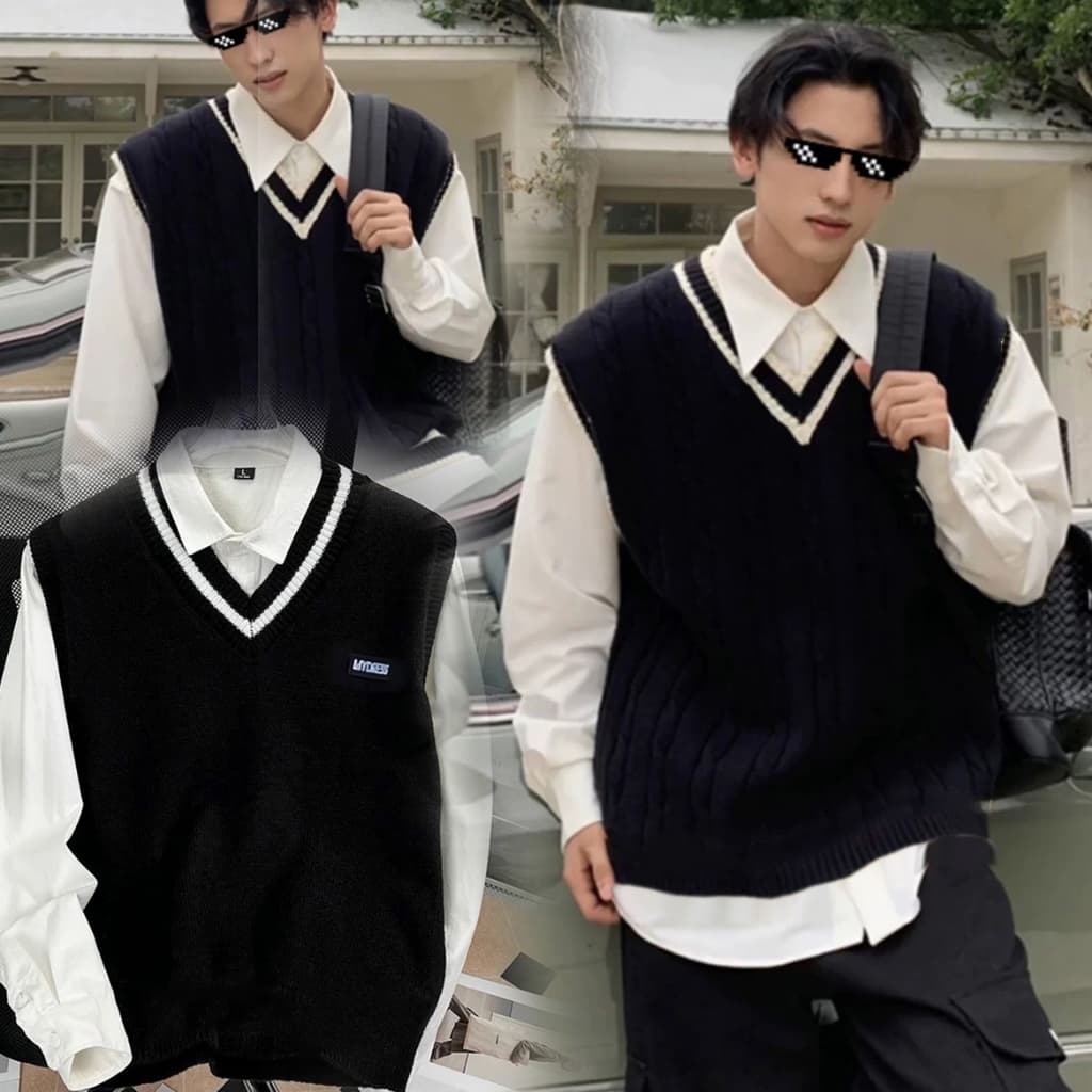 เสื้อกั๊กไหมพรม ผู้ชาย คอวี ลายเรียบๆสไตล์เกาหลี ขนาด Freesize สวมใส่สบาย เสื้อกั๊กแฟชั่นใหม่ ฤดูใบใบผลิ รูปที่ 1
