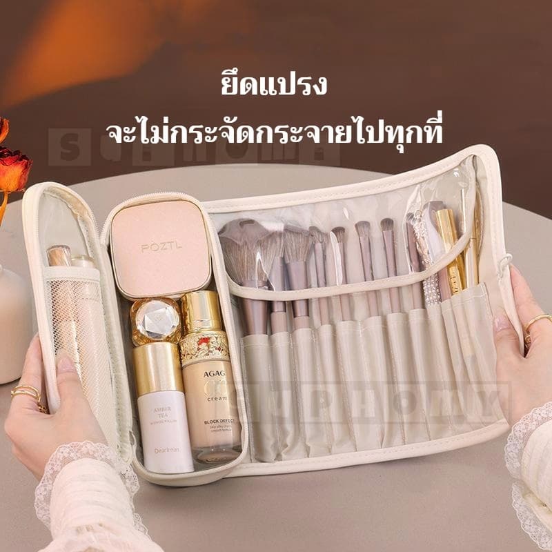 กระเป๋าแปรงแต่งหน้า เครื่องสำอางความจุขนาดใหญ่มัลติฟังก์ชั่นหนัง PU กันน้ำใส่แบบพับได้ม้วนเก็บของแบบพกพาสำหรับเดินทาง รูปที่ 4