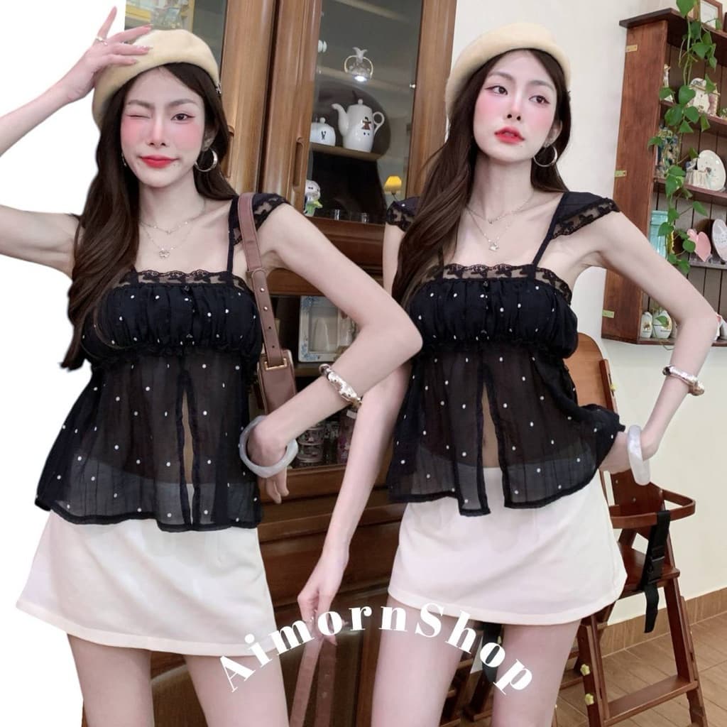 aimorn_shopเสื้อสายเดี่ยว ลายจุด ผ้าบาง ขอบติดลูกไม้น่ารักๆ ด้านหน้าแหวกเพิ่มความเซ็กซี่ งานใส่สบาย รูปที่ 5