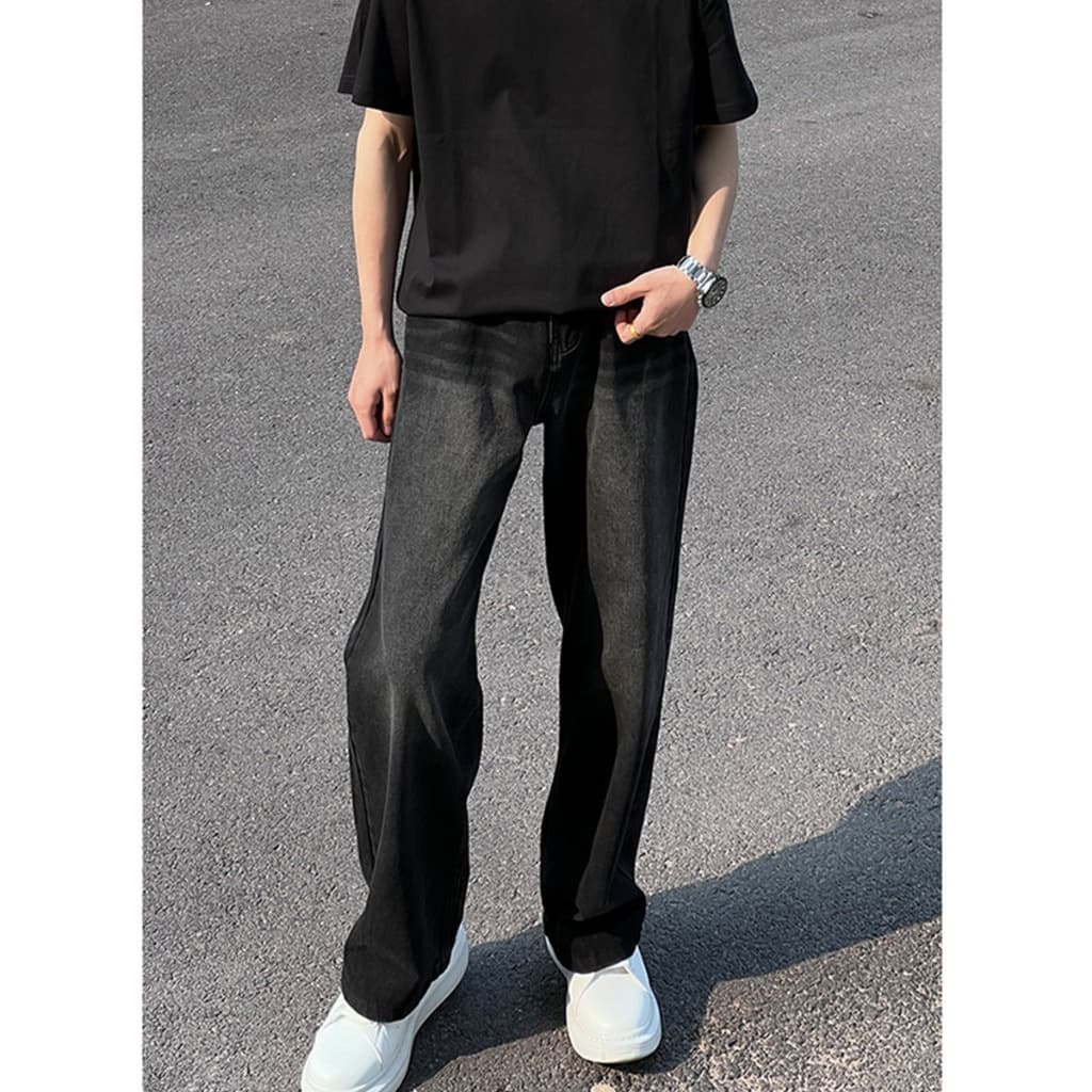 กางเกงยีนส์ทรงตรงพื้นฐาน ขากว้างพิเศษแบบ Unisex สำหรับผู้ชายและผู้หญิง สไตล์ กางเกงยีนส์ขายาวกระบอกใหญ่ รูปที่ 4