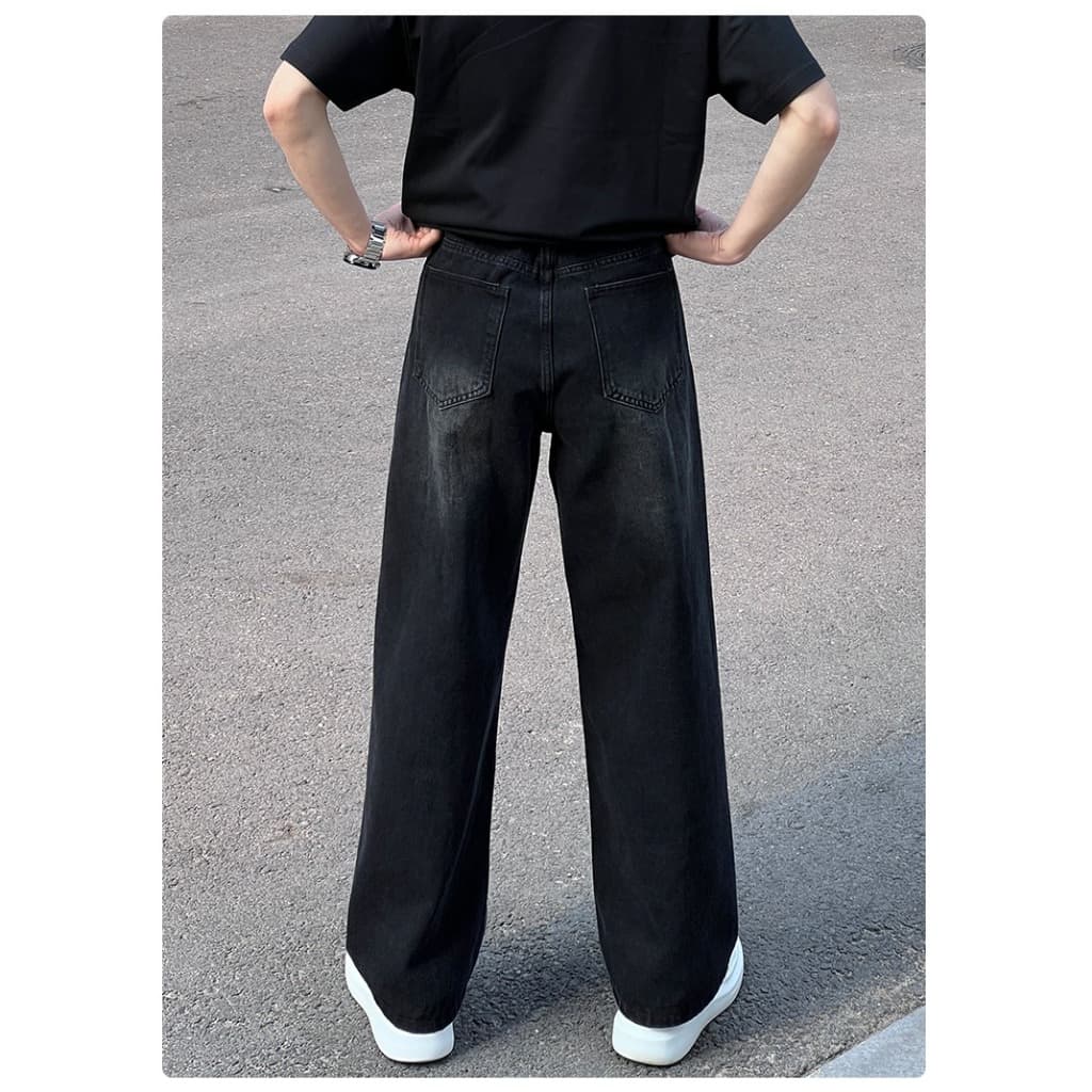 กางเกงยีนส์ทรงตรงพื้นฐาน ขากว้างพิเศษแบบ Unisex สำหรับผู้ชายและผู้หญิง สไตล์ กางเกงยีนส์ขายาวกระบอกใหญ่ รูปที่ 5